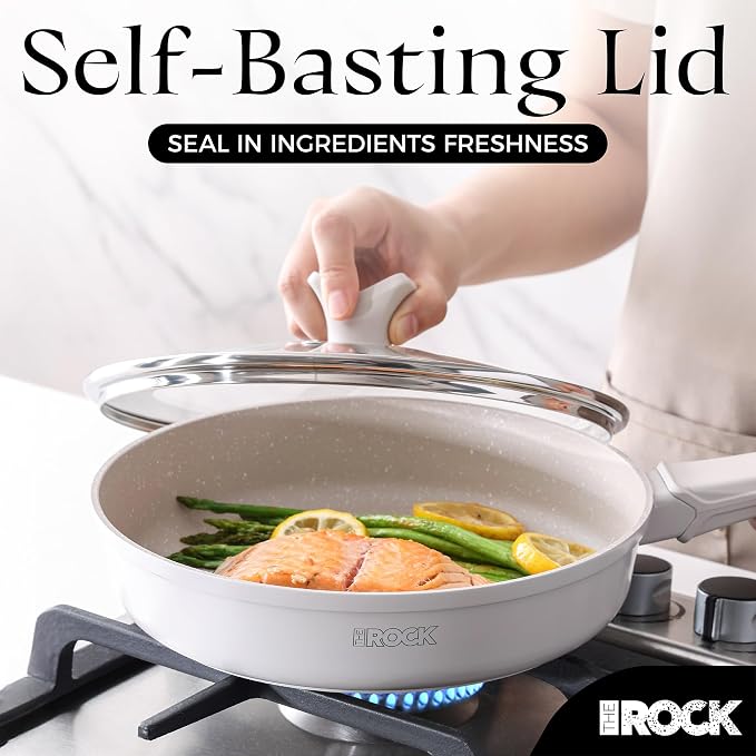 THE ROCK SOHO 9.5-Inch Non Stick Frying Pan with Lid–Nothing Sticks, Never Warps, Lasts Longer, Ceramic Non Toxic Skillet with Heat-Resistant Handle, PTFE PFOA&PFAS Free, Dishwasher Safe, Cream