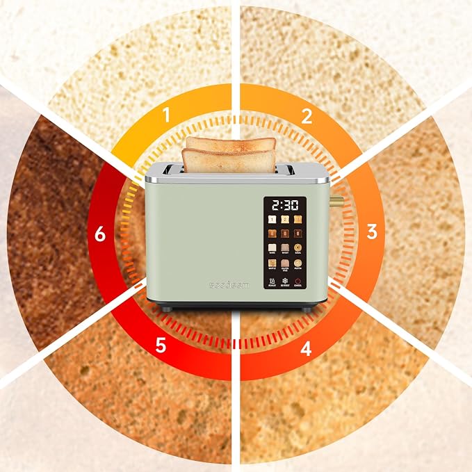 SEEDEEM 2 Slice Toaster with Full Touch Screen, Stainless Steel, 6 Bread Types & 6 Shade Settings, Countdown Display, Removable Crumb Tray, 900W, Green