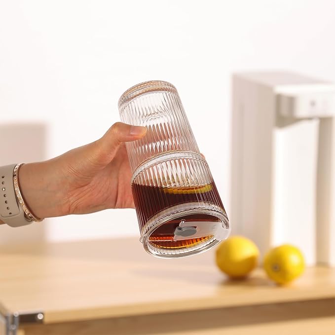 Ribbed Glass Tumbler Drinking Glasses with Lids & Straws, Leak-Proof 20oz and 15oz Glass Cups, 4PCS Glass Tumblers, Ideal for Home, Office, Outdoor Use