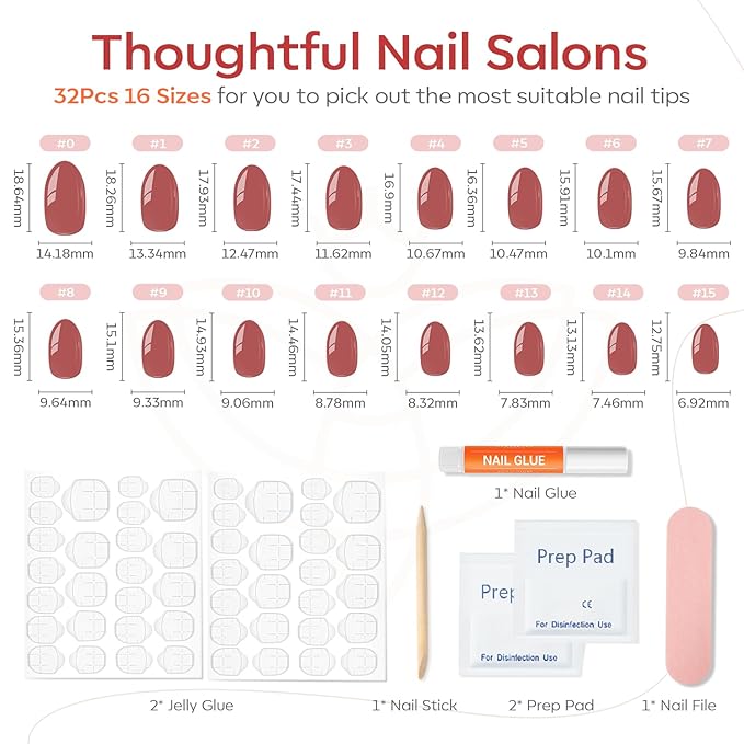 modelones Pink Short Press on Nails, Summer Oval Fake Nails Kit Press Ons | with Nail Glue, Adhesive Tabs, Nail File, Prep Pad, Manicure Stick, 32Pcs 16 Sizes, Women Girl Gift
