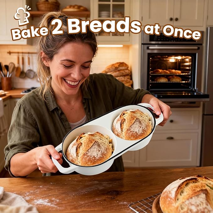YONILL Mini Double Dutch Oven with Lid for Sourdough Bread Baking (White) | Enameled Cast Iron Pot with Lid, 5" Banneton Bread Proofing Basket Include, Dual Round Bread Loaf Pan for Homemade Baking