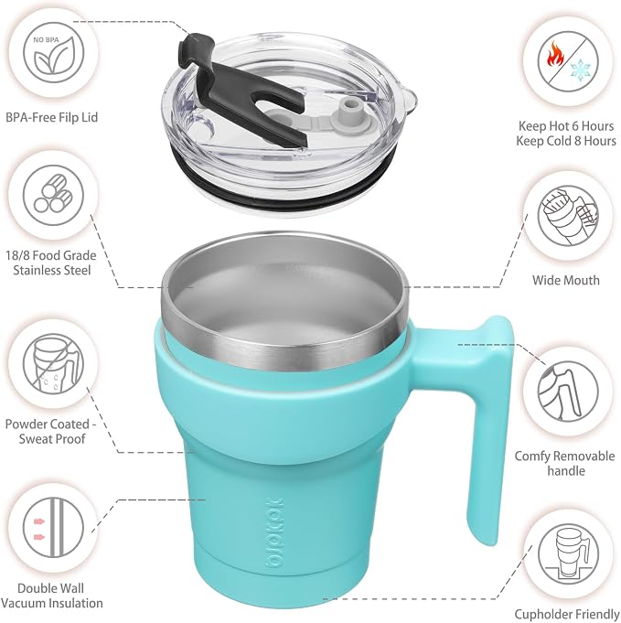 BJPKPK 10 oz Mini Tumbler with Lid, Straw & Handle, Insulated Steel Cup | Small, Spill Proof, Leak Proof, Thermal, Double Wall Vacuum, Sweatproof, Dishwasher Safe, BPA Free, Turquoise