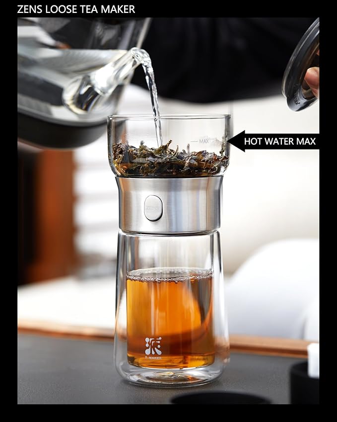 ZENS Modern Tea Infuser Teapot, One Touch Tea Maker for Loos Leaf Tea | Glass Magic Tea Pot, Mess free Tea Steeper with Insulated Mug, Portable Tea Infuser with Case for Tea Lovers