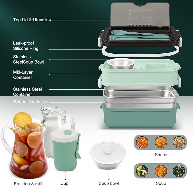 2-Tier Bento Lunch Box for Women & Adults with Insulated Lunch Bag | 50 OZ Large Capacity Bento Box with BPA-Free Utensils & Cup & Sauce Container, Leakproof, Microwave Safe for Work & Meal Prep