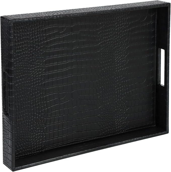 HofferRuffer Rectangle Serving Tray with Hole Handles for Coffee Table, Breakfast, Tea, Food, Butler - Countertop, Kitchen, Vanity Serve Tray, 16.2 x 12.2 x 2 inches, Faux Leather (Black Croco)