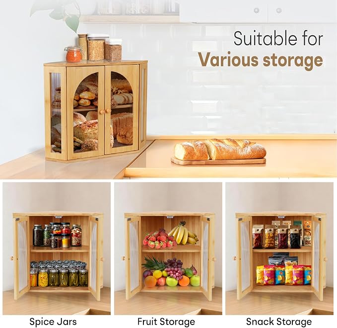 Corner Bread Box for Kitchen Countertop,Double Layer Bread Holder | 3 Adjustable Height, Large Capacity, Magnetic Acrylic Door, Bamboo Bread Storage Container for Homemade Bread, Natural