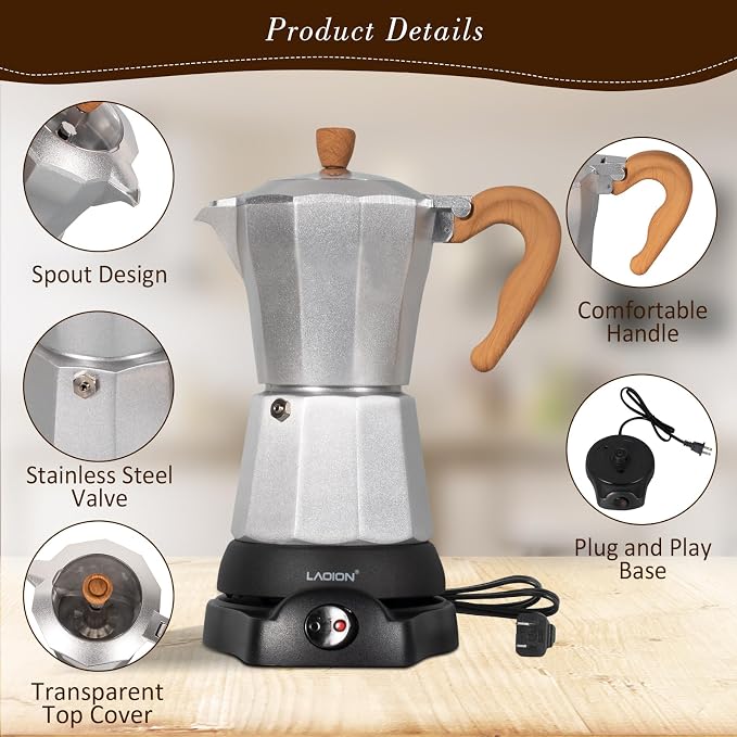 LAOION Cafeteras Electricas Modernas,6 Cup Portable Espresso Maker,300ml | Moka Pot with Detachable Base & Overheat Protection, Great for Home，Office, or Travel, a Thoughtful Gift for Coffee Lovers