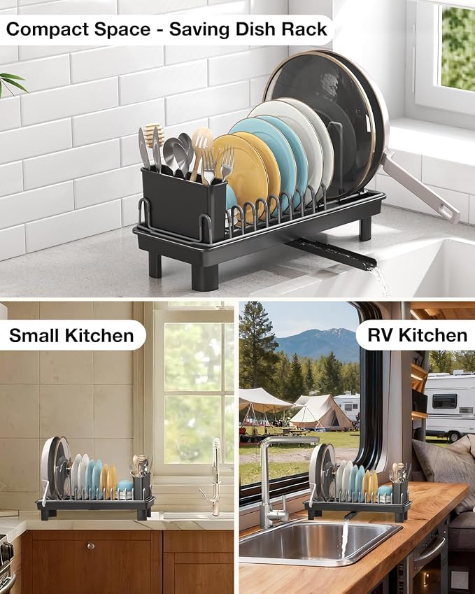 Small Dish Drying Rack Carbon Steel Dish Rack Rustproof for Kitchen Counter Compact Dish Drainer with Adjustable Slots for Small Kitchens & Apartments 16.5×6.5×7inch Black