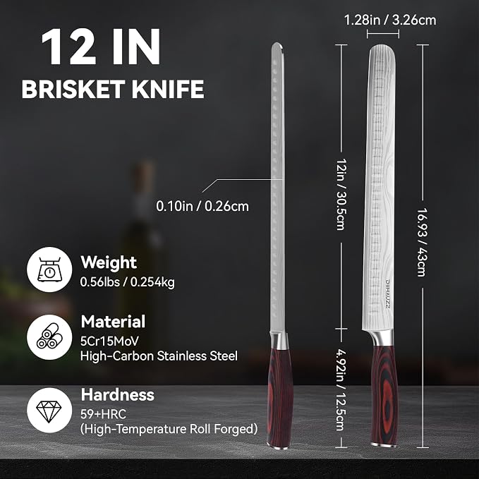 DiiHAUZZ Brisket Slicing Knife, 12 Inch Carving Knife for Meat Cutting | High Carbon Stainless Steel, Non-Stick Granton Edge, Ergonomic Pakkawood Handle, Razor Sharp for Turkey, Roasts and BBQ