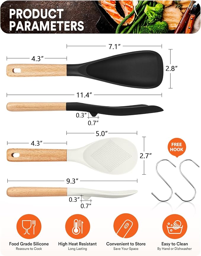 Cooking Spoon and Rice Scooper for Nonstick Cookware,Multi-function | Great for Cooking and Serving, Sturdy BPA-Free Matte Silicone, Wood Handle Spoon for Mixing, Scoop, and Scrape,9.3"+14.3"