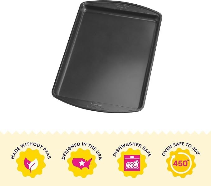 Wilton Gold Non-Stick Cookie Sheet, Made Without PFAS, 15.25 x 10.25 in. | Non-Stick Steel with Scratch-Resistant Coating, Resists Warping, Extended Handles, Dishwasher Safe, Perfect for Cookies