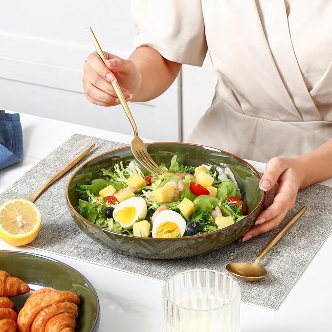 Sureasy Pasta Bowls Set of 4, 30oz Large Ceramic Embossed Bowl Plates, 8.5 Inch Wide and Shallow Plate Bowls, Salad Bowl, Microwave, Oven & Dishwasher Safe, Green