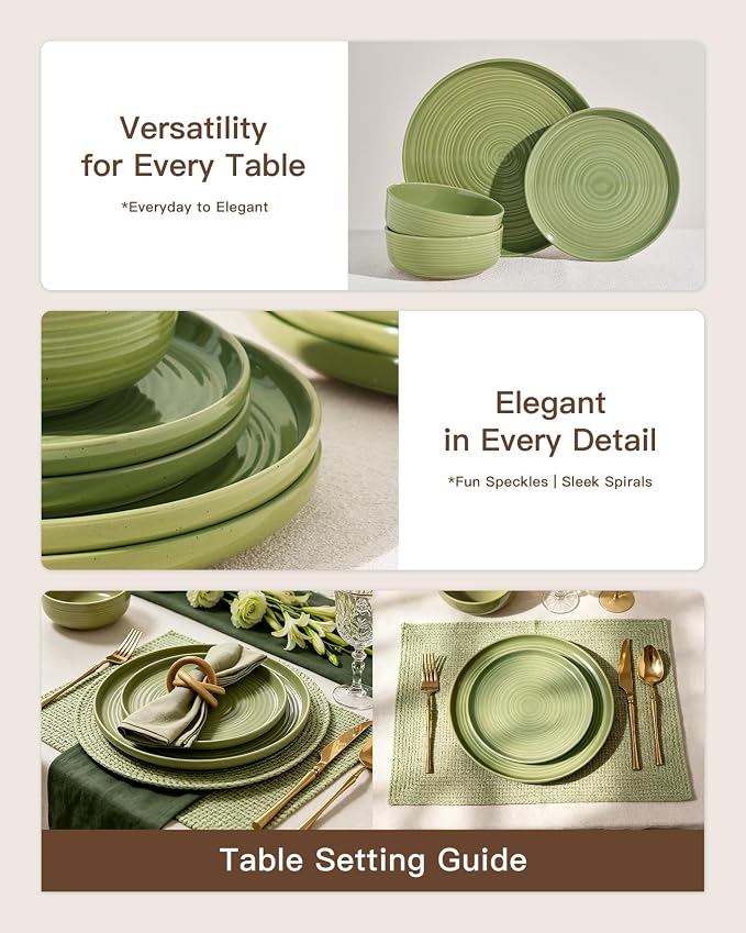 Dinnerware Sest for 8, Ceramic Plates & Bowls, Olive Green | 24-Piece Ceramic Speckled Spiral Dishes, Chip & Scratch Resistant, Microwave & Dishwasher Safe, Everyday Use, Farmhouse Style