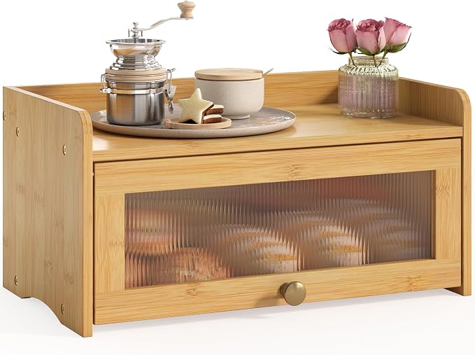 JANSNIMEN Vintage Bread Box for Kitchen Countertop, Bread Container Storage, Wooden Farmhouse Bread Box with Window Bread Holder (Vintage Bamboo)