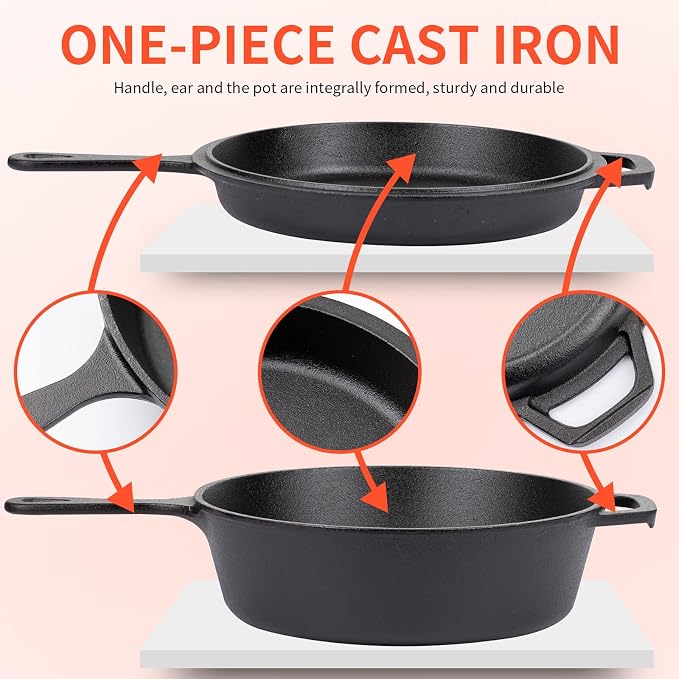 Overmont 2-in-1 Cast Iron Dutch Oven - 3.2QT Deep Pot with Lid Recipe | 10.5" Cast Iron Skillet with Frying Pan, Pre-seasoned Dutch Oven Multi Cooker, Oven Safe Cookware for Grill Camping Stewing