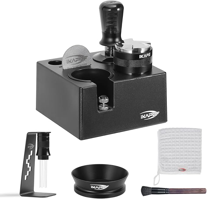 IKAPE 58mm Black Espresso Tool Set 8 IN 1, Coffee Tamper, Distributor, Magnetic Funnel, Puck Screen, Tamper Station, Stirrer Distribution Tool, Cleaning Towel and Brush