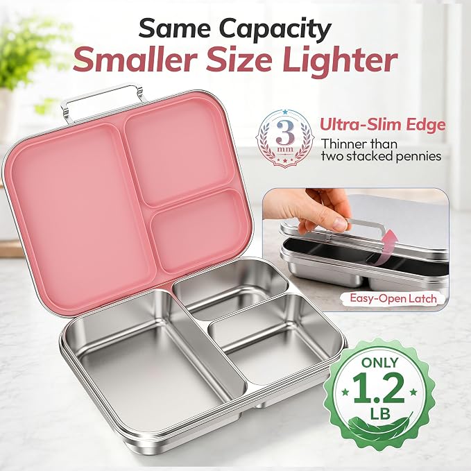 Stainless Steel Bento Lunch Box for Kids and Adults,3 Compartment Meal Lunch Box with Detachable Silicone Lid,Leak-Resistant Food Container with Snack Cup for School,BPA-Free(Pink)