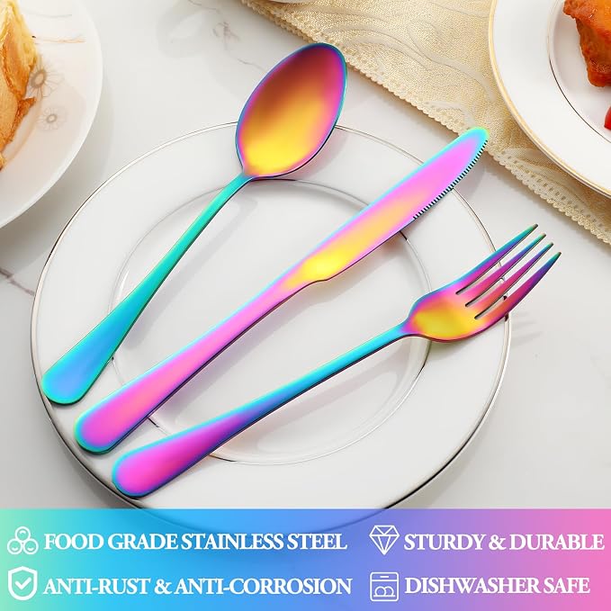 30 Pcs Rainbow Silverware Set Service for 6,Stainless Steel Flatware Serving Sets,Kitchen Tableware Set,Utensil Set for Home and Restaurant,Knives Forks Spoons Set,Mirror Polished,Dishwasher Safe