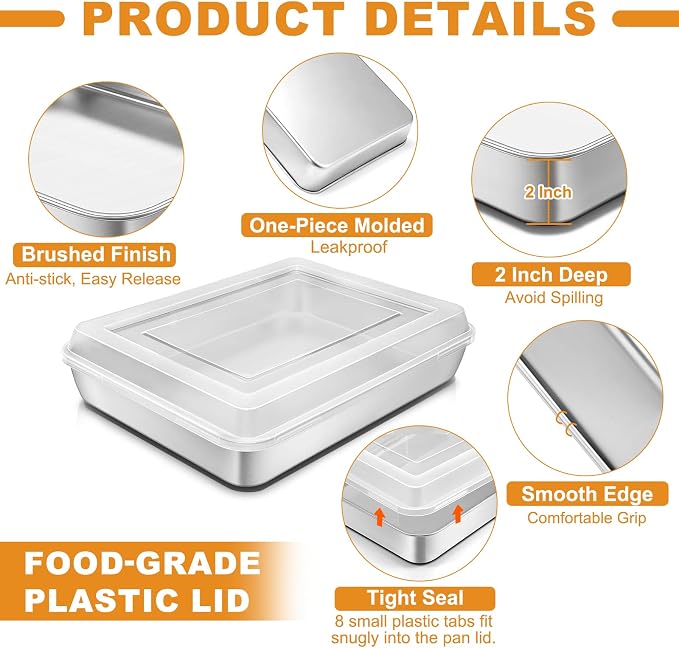 Stainless Steel Baking Pan with Lid, 12⅓ x 9¾ x 2 Inch Deep Rectangle Cake Pans with Cover for Cakes, Brownies, Cookies, Deep Side & Heavy Duty,Dishwasher & Fridge & Oven Safe(2 Pans + 2 Lids)