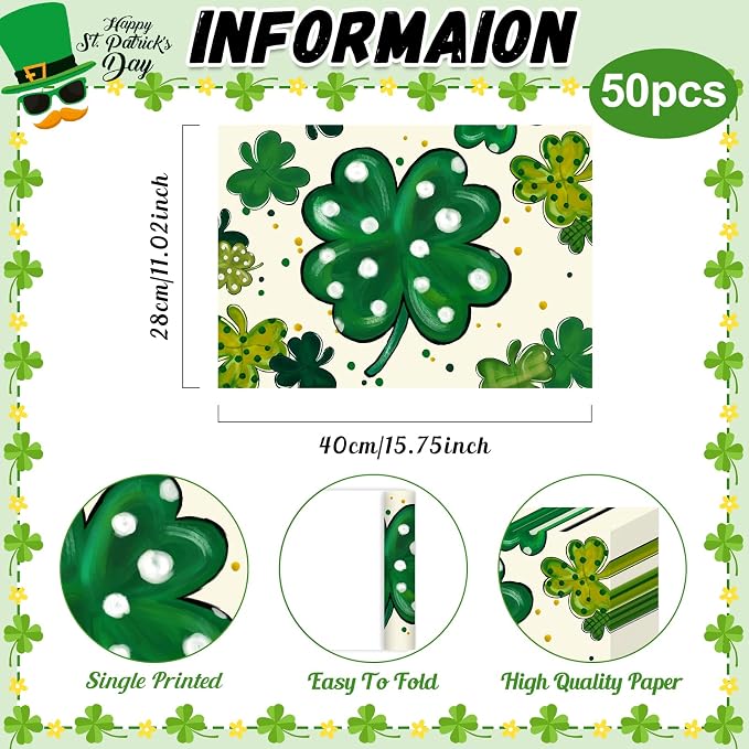 50PCS St. Patrick's Day Disposable Paper Placemats, Lucky Irish Decorative | Shamrock Clover St. Patrick's Day Party Dinner Table Decorations