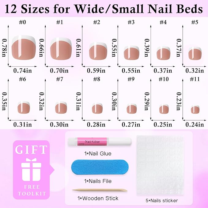 240pc White French Tip Press on Toenails Short Square False Toenail, Coffee Fake Toe Nails Kit with Glue, 12 Sizes Acrylic Glue on Nails Toes Square French Tip Press-on Toe Nail for Women Girls