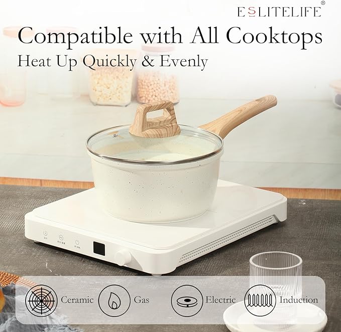 ESLITE LIFE Nonstick Sauce Pan with Lid, 2.5 QT Small Soup Pot Compatible with All Stovetops (Gas, Electric & Induction), PFOA Free, White