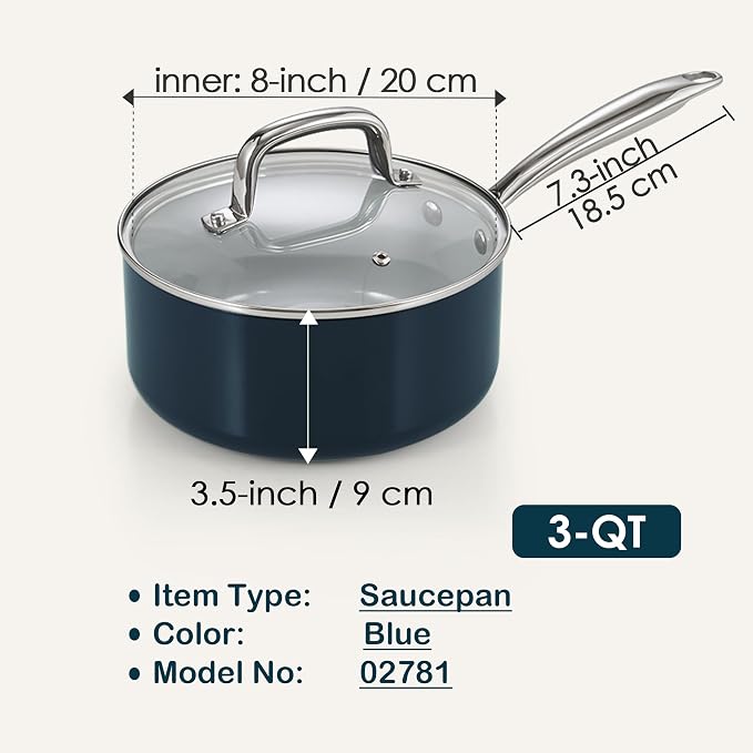 Cook N Home Classic 3 Quart Ceramic Nonstick Saucepan with Glass Lid, Everyday Soup Pasta Oatmeal Cooking Pan, Non Stick Sauce Pan Pot, Stay-Cool Handle, Induction Ready, Blue