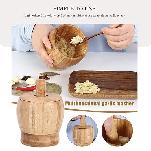 Mortar and Pestle Set with Lid and Spoon, 100% Natura Bamboo Spice Grinder, Crush, Press, Mash Spices, Herbs, Garlic, Pepper, Guacamole, Nuts, Fruit, 4.6 inch Mortar and Pestle Set Bowl for Kitchen