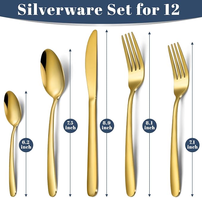 Hunnycook 60-Piece Gold Silverware Set - Stainless Steel Silverware Set for 12, Includes Forks Spoons and Knives, Utensil Sets for Home Kitchen Restaurant, Dishwasher Safe