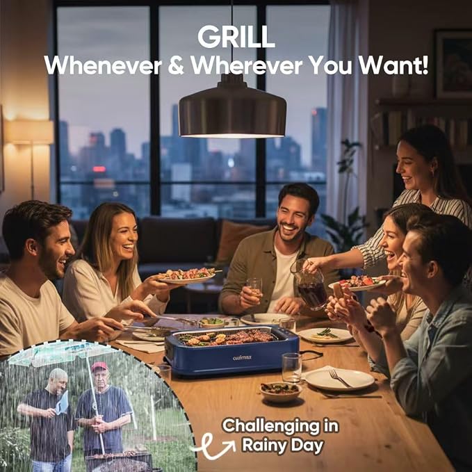 Indoor Grill CUSIMAX Electric Smokeless Grill Portable Korean BBQ, Blue | with Turbo Smoke Extractor Technology, Adjustable Temperature, Non-stick Removable Plate, Tempered Glass Lid, Great for Party