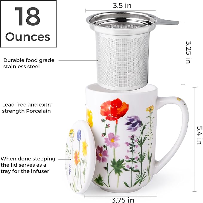 AmorArc Tea Cup With Infuser and Lid, 18oz Loose Leaf Tea Mug With Steeper | Porcelain Tea Mug With Infuser and Lid, Large Strainer Tea Cup with Lid for Tea, Coffee Mug for House-warming Birthday Gift