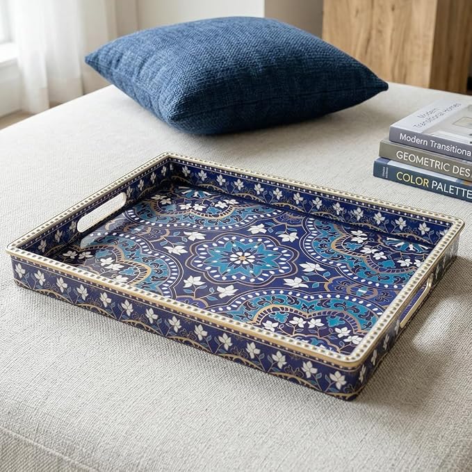 Boho Serving Tray with Handles, Large Rectangular Decorative Ottoman Tray with Gold Beaded Rim, Blue Floral Mandala Design, for Coffee Table, Kitchen Counter, Vanity, 15.7”x11.8”