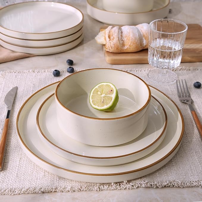Famiware Nebula 24-Piece Dinnerware Set, Vanilla White with Brown Rim | Stoneware Dish Set for 8, Plates and Bowls, Microwave and Dishwasher Safe, Chip and Scratch Resistant
