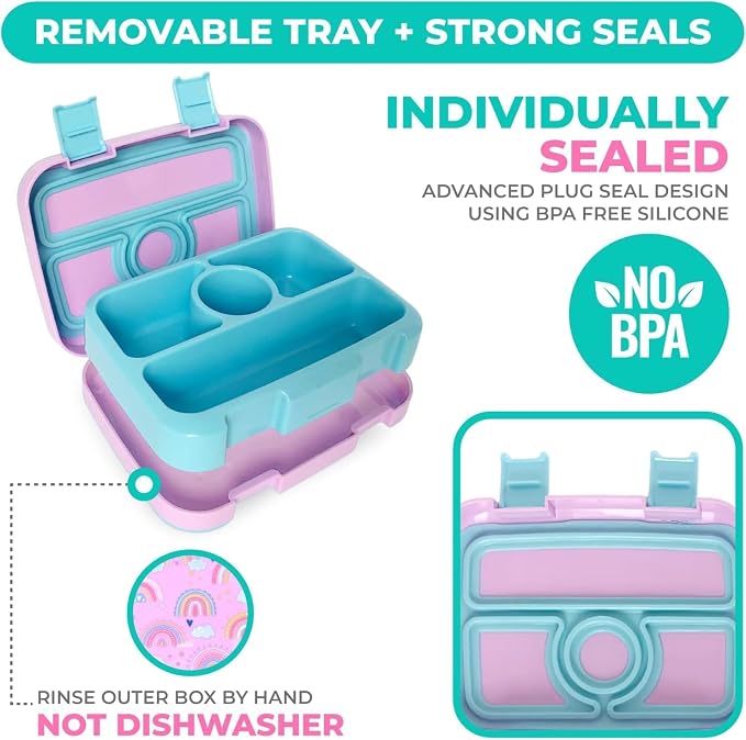 kinsho Bento Lunch Box Set for Small Kids, Snack and Meal Containers for Pre School or Daycare, 4 Compartments, BPA Free, 2 Pack Pink Unicorn + Rainbow