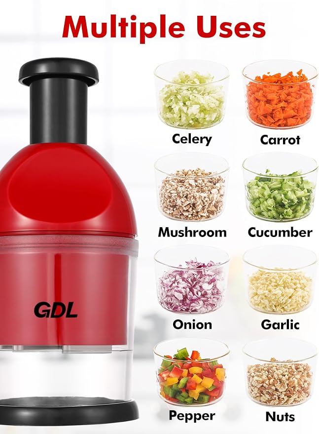 GDL Food Chopper, Manual Slap Vegetable Chopper Onion Dicer, Garlic Mincer | Hand Chopper for Onion Nut Pepper Celery Tomato, Easy & Safe Chopping, No BPA, Durable Stainless Steel Blade, Dishwasher Safe