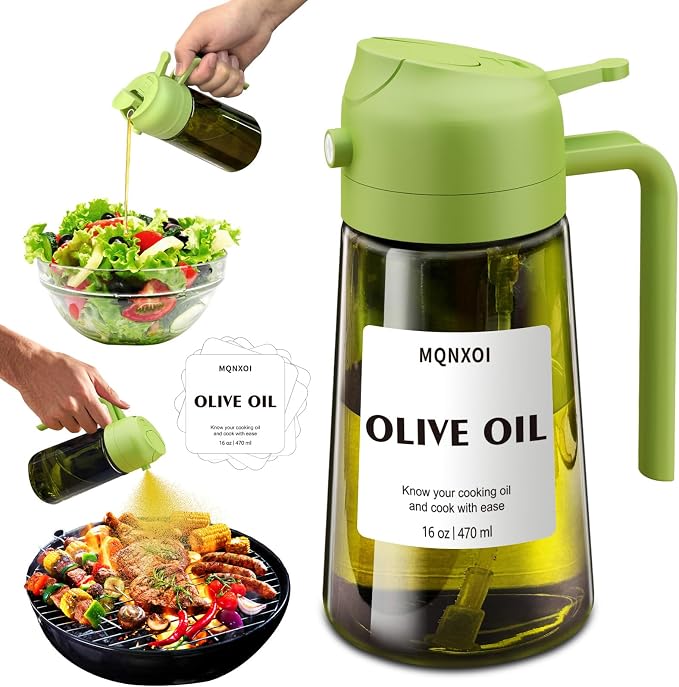Olive Oil Sprayer for Cooking, 16oz Glass 2 in 1 Oil Dispenser Bottle | Light Blocking, BPA-Free Food Grade, Fine Mist Precise Control, Air Fryer BBQ Salad, Leakproof Anti-Clog, Pre-Printed Labels