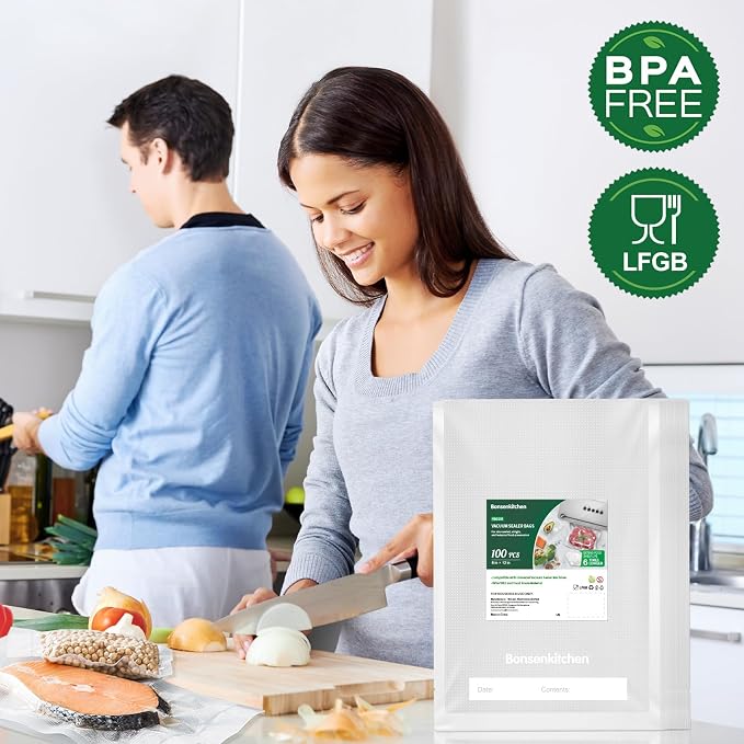 Bonsenkitchen Precut Vacuum Sealer Bags 100 Count, 8 in x 12 in Quart Size | Heavy Duty, BPA Free, Commercial Grade, Thick Embossed, Sous Vide, Freezer Safe, Universal Fit, VB3205