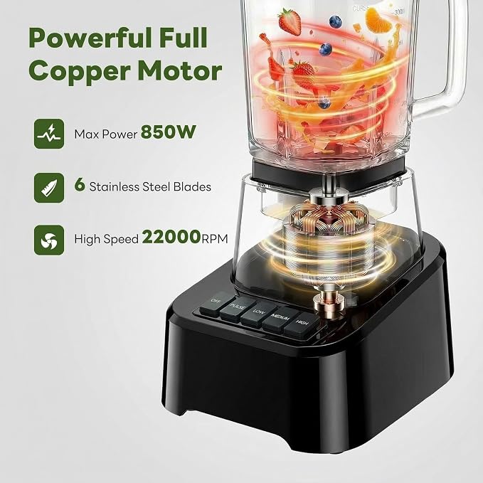 OLIXIS Professional Blender for Smoothies, Full-Size Kitchen Blender with 850 Peak Watts & 54oz Large Glass Pitcher, 4 Speeds with Pulse for Ice Crushing Frozen Fruits, Dishwasher Safe, Black