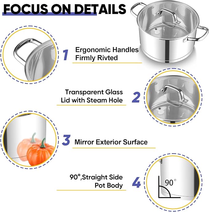 TeamFar 8QT Stock Pot with Lid, Stainless Steel Tri-ply Bottom Cooking Pot | for Vegetable Pasta Soup, Works with Induction/Gas/Glass/Ceramic Stoves, Non-toxic & Sturdy, Straight Side & Riveted Handles