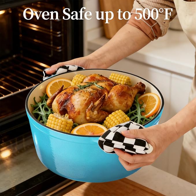 Enameled Cast Iron Dutch Oven pot 6.5 QT with Lid for Bread Baking | Cookware incl. Sourdough Bread-Baking Supplies like Banneton, Dough Whisk, Gloves, Oven Safe for Stews, Roasting, Sea Blue