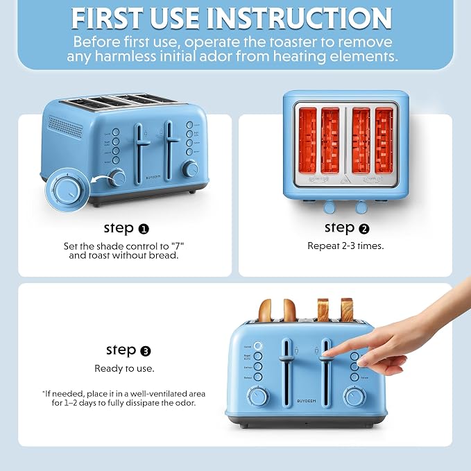 BUYDEEM DT640 4-Slice Toaster, 7 Shade Settings, Extra Wide 1.5’’ Slots for Bagel & English Muffin, 6 Toasting Functions, Retro Stainless Steel Toaster with High Lift Lever, 1800W, Blue