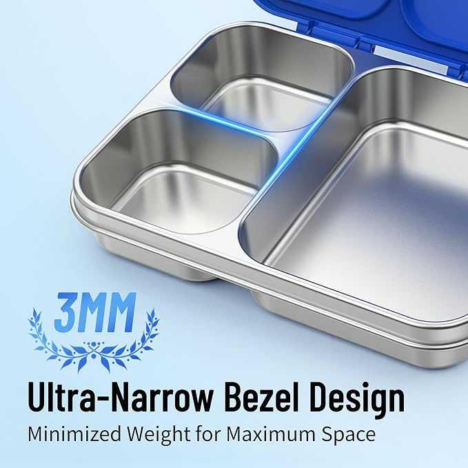 LOHASOK Stainless Steel Lunch Box, 34oz/1000ml, Blue | 3-Compartment, Metal Bento Container, Leak Proof, Plastic Lid, for Kids Adults, BPA/BPS Free, Dishwasher Safe