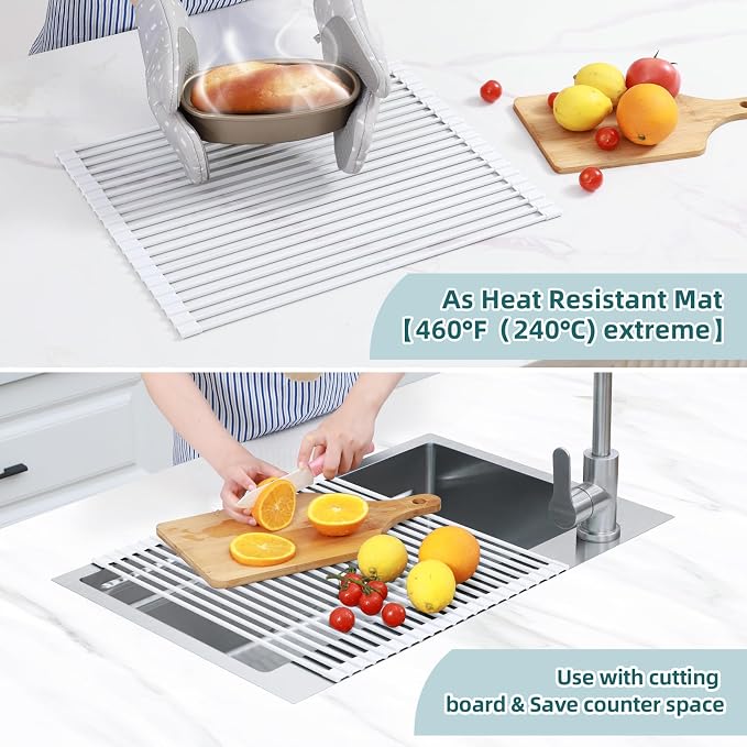 Ohuhu Over Sink Dish Drying Rack, 17.6" W x 15.4" L Roll Up Dish Racks Kitchen Sink Organizer Silicone Wrapped Large in Sink Dish Drying Rack Foldable Rolling Drain Mats Anti-Slip