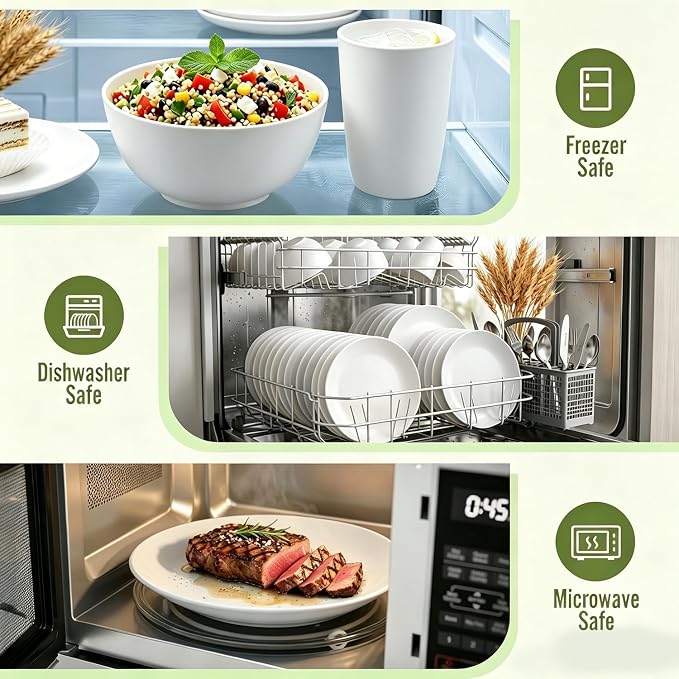 40 PCS Wheat Straw Dinnerware Sets, Service for 8 - Dinner Plates, Cereal Bowls, Drinking Glasses, Unbreakable Plastic Plates and Bowls Sets, Dishwasher and Microwave Safe for Kitchen - White