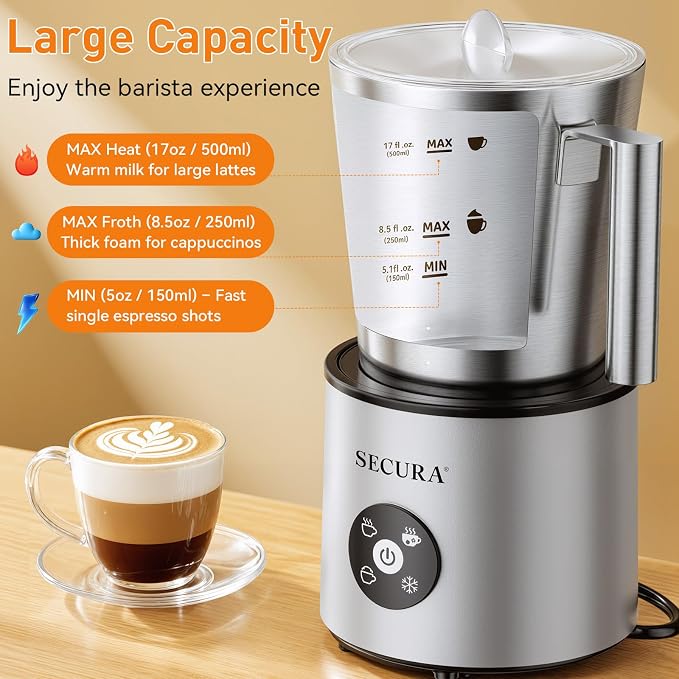 Secura 4-in-1 Electric Milk Frother, 17oz Stainless Steel Jug, Teflon-Free | Milk Steamer, Hot Chocolate Maker, Dishwasher Safe, One Touch Control, Overheat Protection, Includes Spatula & 2 Whisks