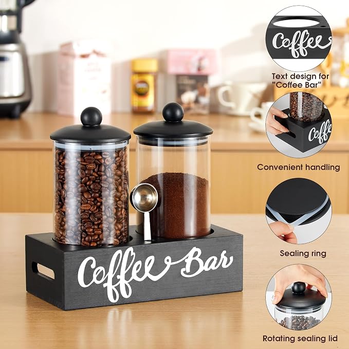 Coffee Container with Shelf: 2P 55OZ Glass Airtight Coffee Holder | Large Capacity Coffee Canister w/Scoop - Kitchen Food Storage Jar for Ground Coffee/Tea/Sugar/Cereal/Nuts/Coffee Bar