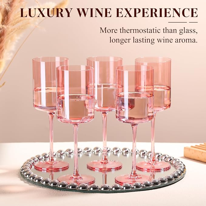 Pink Wine Glasses - Hand Blown Square Colored Wine Glasses with Long Stems, Set of 6 - 14oz Each, Ideal for All Occasions