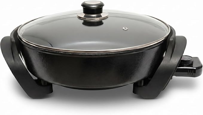 Moss & Stone Round Electric Skillet with Lid, 12-Inch Nonstick Frying Pan | 5 Qt Electric Frying Pan with Adjustable Temperature Control, Vented Glass Lid, Heat-Resistant Handles & Dishwasher Safe