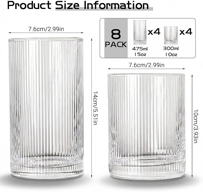 JOVGANK Drinking Glasses Set of 8 – Lead-Free Crystal Glassware, 4 Tall 15oz & 4 Short 10oz Vintage Ribbed Tumbler Glasses, Dishwasher Safe, for Juice Beer Cocktails, Great Housewarming Gift, Set A