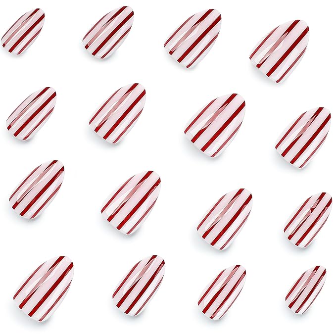Stripe Press On Nails Short Almond Fake Nails With Pink Stripe Designs | Glossy False Nails Acrylic Nails Press Ons Full Cover Glue On Nail Reusable Stick On Nail For Women 24Pcs
